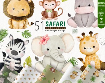 Watercolor Safari Animal Clipart, Nursery Art Prints (PNG)