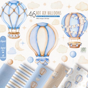 Hot Air Balloon Clipart, Blue Hot Air Balloons and Clouds, Baby Shower Clipart, Nursery Décor, Baby Boy, Its a Boy, Kids Art PNG
