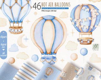 Clipart di mongolfiera blu, decorazione per cameretta dei bambini (PNG, carta digitale)