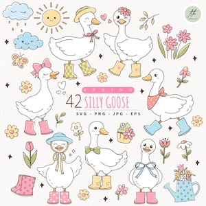 Spring Goose Clipart, Funny Pastel Animals, Daisy Flower (svg, png, jpg, eps)