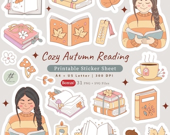Cozy Autumn Reading Sticker Sheet | Bookish Planner Stickers (Digital)