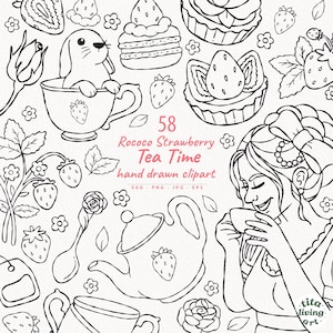 Rococo Strawberry Tea Time Clipart, Wedding Invitation Line Art PNG SVG (Digital Download)