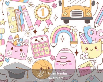Kawaii School Supplies Seamless Pattern | Back to School Digital Paper
