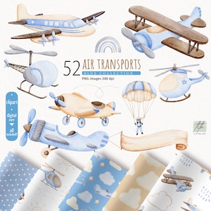 Watercolor Air Transport Clipart, Blue Air Transport, Airplane Clipart, Helicopter hot air balloon zeppelin PNG, Baby Shower Boy Clipart PNG