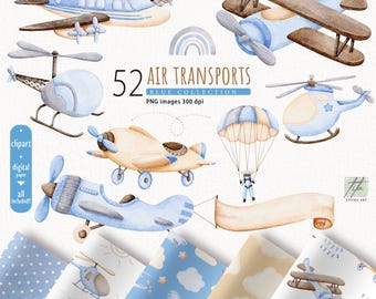 Watercolor Airplane Clipart, Blue Air Transport PNG (300 dpi)