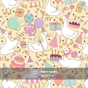 May include: A seamless pattern featuring white geese with party hats, balloons, cupcakes, presents, and confetti on a light yellow background. The pattern is 12 inches by 12 inches.