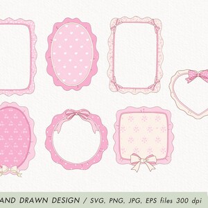May include: Set of ten pink and white hand-drawn frames with scalloped edges and various patterns, including hearts, dots, and flowers. The frames are perfect for adding a touch of whimsy to any project.