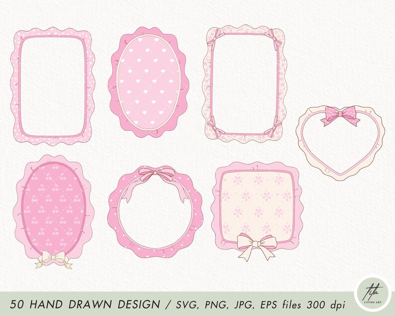 May include: Set of ten pink and white hand-drawn frames with scalloped edges and various patterns, including hearts, dots, and flowers. The frames are perfect for adding a touch of whimsy to any project.