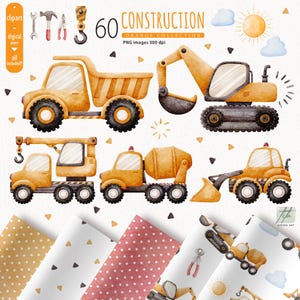 Construção Clipart, Caminhão Basculante Clipart, Veículo de Construção Aquarela para Crianças, Máquinas clipart, Bulldozer Clipart, Cartão de Aniversário para Menino