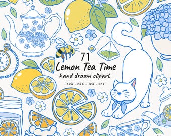 May include: A hand-drawn clipart collection with a lemon tea theme. The image features lemons, teacups, a teapot, a cat, a bee, and the text "71 Lemon Tea Time hand drawn clipart". The color palette includes yellow, blue, and white.
