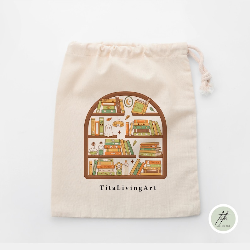 May include: A beige drawstring bag featuring a brown arched bookshelf design filled with books, a ghost, and potion bottles. The text "TitaLivingArt" is printed below the bookshelf illustration. A small logo is in the bottom right corner.