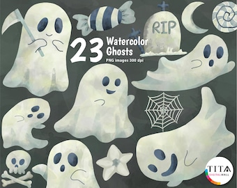Watercolor Halloween Clipart, Spooky Ghosts PNG (300 dpi)