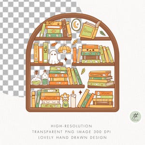 May include: A brown bookshelf illustration filled with Halloween-themed books, a ghost, a pumpkin, and a candle. The books are in shades of orange, green, and yellow. The text "Poison" and "Spooky" are visible on the books.