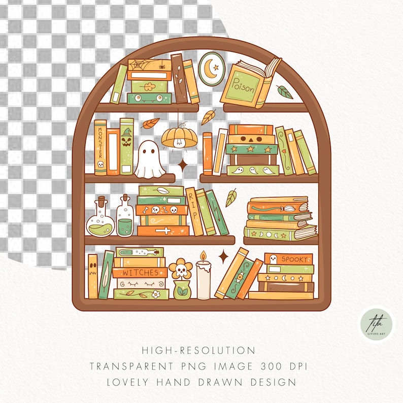 May include: A brown bookshelf illustration filled with Halloween-themed books, a ghost, a pumpkin, and a candle. The books are in shades of orange, green, and yellow. The text "Poison" and "Spooky" are visible on the books.