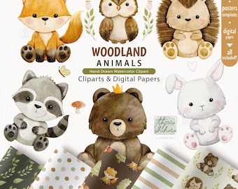 Watercolor Woodland Animals Clipart, Nursery Wall Art (Digital Download)