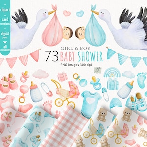 Clipart de chá de bebê em aquarela, decoração de berçário de bebê, cegonha carregando bebê, clipart de menina, clipart de menino, modelo de cartão de boas-vindas ao bebê