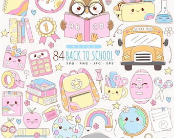 May include: A collection of cute, pastel-colored back-to-school themed illustrations. Includes an owl reading a book, a school bus, a backpack, a globe, and various school supplies. The text "84 BACK TO SCHOOL" is also present.