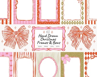 May include: A collection of hand-drawn Christmas frames and bows in various designs. The frames are rectangular and oval, with decorative borders in pink, red, and green. The image includes the text "60 Hand Drawn Christmas Frames & Bows."