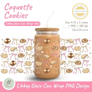 Coquette Cookies 16oz Libbey Glass Can Wrap PNG, Chocolate Chip Cookies Glass Wrap, Iced Coffee Cup Wrap, Coquette Bows Wrap PNG