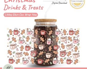 May include: A clear glass can wrap with a wooden lid, filled with a dark liquid, and a straw. The wrap features a repeating pattern of gingerbread men, mugs, and holiday treats. Text reads "Christmas Drinks & Treats".