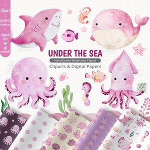 Clipart subaquático aquarela, impressões de berçário para meninas, decoração de berçário, polvo, baleia, cavalo-marinho, água-viva, golfinho, tartaruga, caranguejo, tubarão, lula