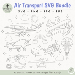 Air Transport outline SVG, Doodle Air Transport, Airplane Clipart, Helicopter hot air balloon zeppelin aero plane parachute png svg