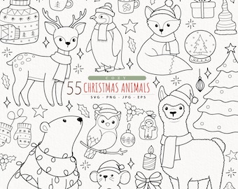 Weihnachtstiere Umriss SVG | Weihnachten Clipart | Süße Weihnachten Tier Clipart | Linie Kunst Winterferien | Ausmalbilder Bundle png svg