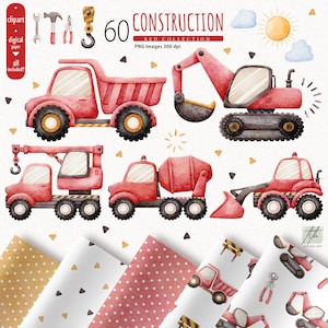 Imágenes prediseñadas de construcción, imágenes prediseñadas de camión volquete, vehículo de construcción de acuarela para niños, imágenes prediseñadas de máquinas, imágenes prediseñadas de excavadora, tarjeta de cumpleaños para niño