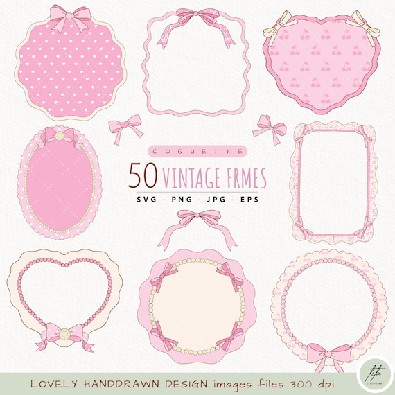 Coquette Frame Clipart, Hand-drawn Frame SVG, Ribbon Bow Frame PNG, Doodle Vintage Frame Clipart, Decorative Bow Frame, Baby Shower Frame