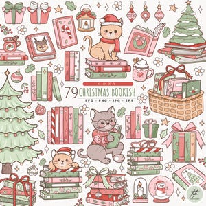 Op de afbeelding: Een grillige illustratie met kerstboeken, cadeaus en decoraties. Het ontwerp bevat een kat met een kerstmuts en sjaal, en een kat met een bril die een boek leest. De tekst "COZY 79 CHRISTMAS BOOKISH" is ook aanwezig.