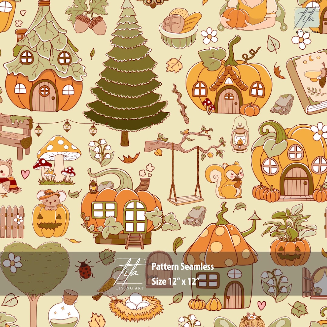 Pumpkin Fairy Cottage Seamless Pattern: Fall Halloween Fabric Design ...