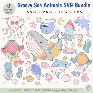 Bundle groovy animaux marins SVG, clipart sous-marin, baleine pieuvre hippocampe méduse dauphin tortue crabe requin calmar, clipart bébé été