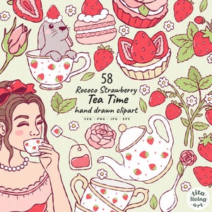 May include: A digital illustration featuring a Rococo Strawberry Tea Time theme. The image includes strawberries, teacups, a teapot, a bunny, and a woman drinking tea. The text "58 Rococo Strawberry Tea Time hand drawn clipart" is also present.