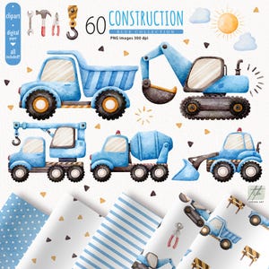 Bau Clipart, Clipart Dump LKW, Aquarell Baufahrzeug für Kinder, Maschinen Clipart, Bulldozer Clipart, Geburtstagskarte für den Jungen