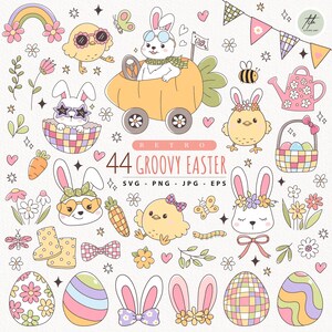 Groovy Easter Day Clipart, Retro Spring SVG Bundle, Animal Easter Clipart, Disco Easter Bunny Easter Eggs Chicks Daisy flower png svg