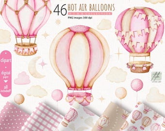 Imágenes prediseñadas de globos aerostáticos rosas, baby shower, decoración de habitación infantil (PNG)