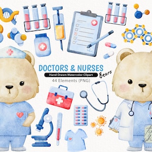 Clipart médico de enfermera y médico, clipart de acuarela de enfermeras osas, día internacional de las enfermeras, clipart de médico, clipart de enfermera, doctor animal PNG