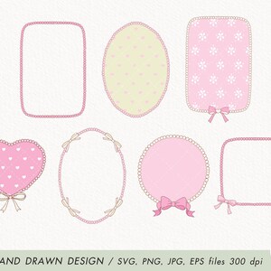 May include: Set of 8 hand-drawn frames in pink and white with pearl-like borders. The frames are in various shapes, including circles, squares, hearts, and ovals. The frames are perfect for adding a touch of elegance to any project.