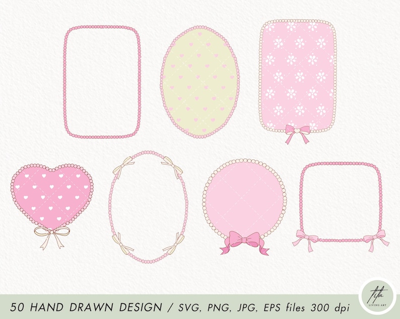 May include: Set of 8 hand-drawn frames in pink and white with pearl-like borders. The frames are in various shapes, including circles, squares, hearts, and ovals. The frames are perfect for adding a touch of elegance to any project.