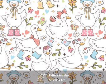 Pastel Goose Seamless Pattern, Spring Garden Fabric (Digital)