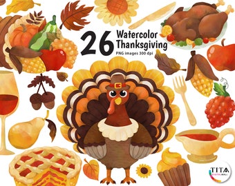 Watercolor Thanksgiving Clipart, Turkey, Fall Elements (PNG)