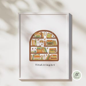May include: A framed print featuring a whimsical illustration of a bookshelf filled with books, a ghost, and potion bottles. The color palette includes shades of brown, green, orange, and white. The text "TitaLivingArt" is at the bottom.