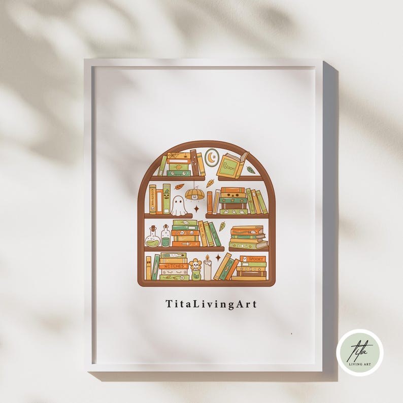 May include: A framed print featuring a whimsical illustration of a bookshelf filled with books, a ghost, and potion bottles. The color palette includes shades of brown, green, orange, and white. The text "TitaLivingArt" is at the bottom.