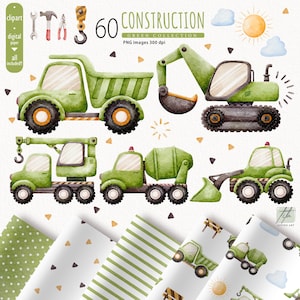 Bau Clipart, Clipart Dump LKW, Aquarell Baufahrzeug für Kinder, Maschinen Clipart, Bulldozer Clipart, Geburtstagskarte für den Jungen