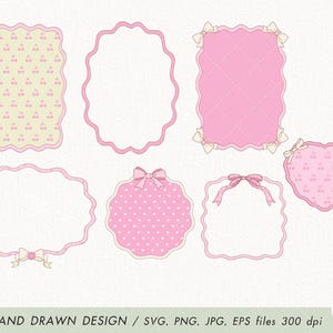 May include: Set of six pink and white hand-drawn frames with different patterns, including polka dots, cherries, and bows. The frames are perfect for adding a touch of whimsy to any project.