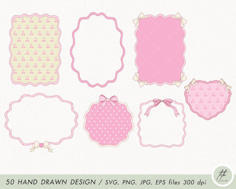 May include: Set of six pink and white hand-drawn frames with different patterns, including polka dots, cherries, and bows. The frames are perfect for adding a touch of whimsy to any project.