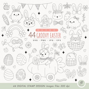 Groovy Easter Day Outline SVG, Retro Spring SVG Bundle, Animal Easter Clipart, Disco Easter Bunny Easter Eggs Chicks Daisy flower png svg