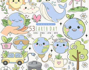 May include: A pastel-colored Earth Day themed digital art print featuring smiling sun, rainbow, bee, whale, and Earth illustrations. Includes text "53 Earth Day" and various eco-friendly symbols like recycling and a car.