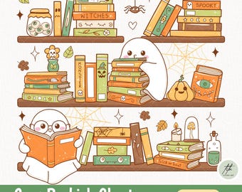 Bookish Ghost Clipart: Halloween Kawaii PNG, Spooky Bookshelf Doodles (Digital Download)