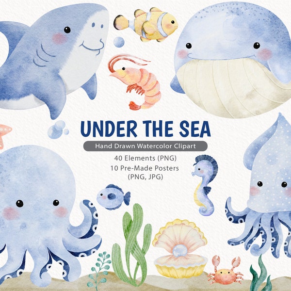 Watercolor Undersea Clipart, Nursery Prints Boys, Nursery decor, octopus, whale, seahorse, jellyfish, dolphin, turtle, crab, shark, squid